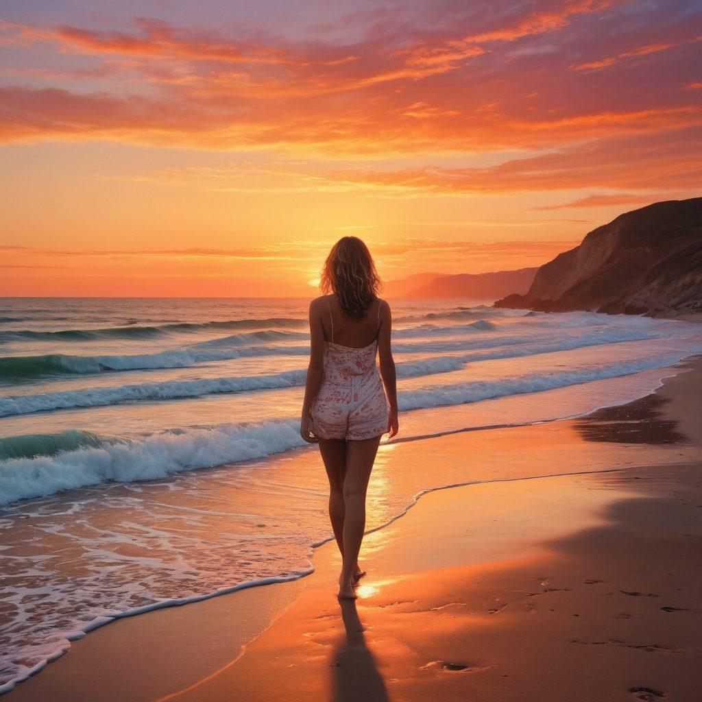 A serene beach scene where a figure in elegant beachwear contrasts with soft waves, embodying both tranquility and longing. In the background, subtle visual hints of adult media, like beach towels with playful patterns, create an intriguing blend of pleasure and grief. The sky transitions from soft pastels of sunset to deeper twilight hues, symbolizing the journey through emotions. Consider a vintage film grain effect to evoke nostalgia. super-realistic. vibrant colors. sunset hues.