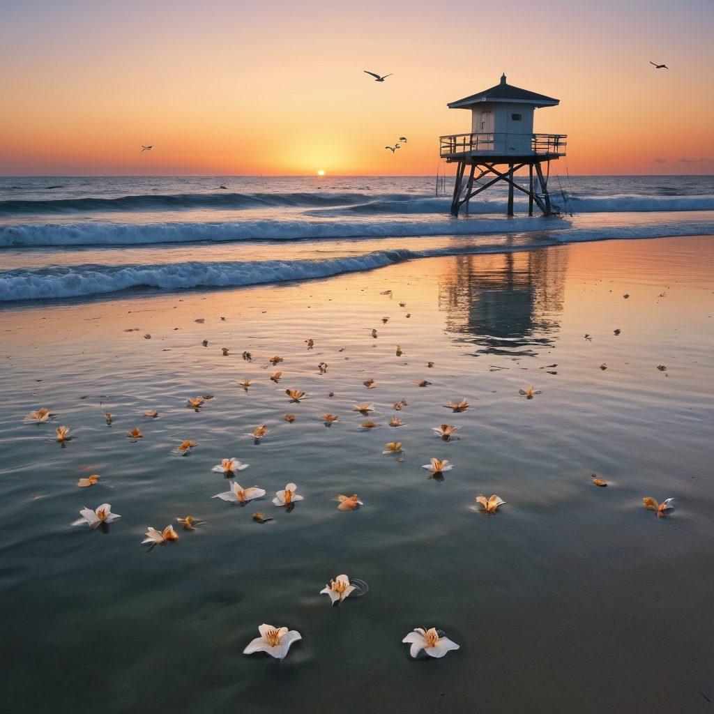 A serene beach at sunset, where an elegant swimmer in tasteful swimwear glides through gentle waves, surrounded by soft, reflective water. In the foreground, subtle symbols of mourning like white lilies float nearby, blending with vibrant swimwear designs. In the background, a distant lifeguard tower stands watch, while playful seagulls add life to the scene. The overall mood balances serenity and complexity, capturing a poignant yet uplifting interpretation of grief. super-realistic. vibrant colors. calming atmosphere.