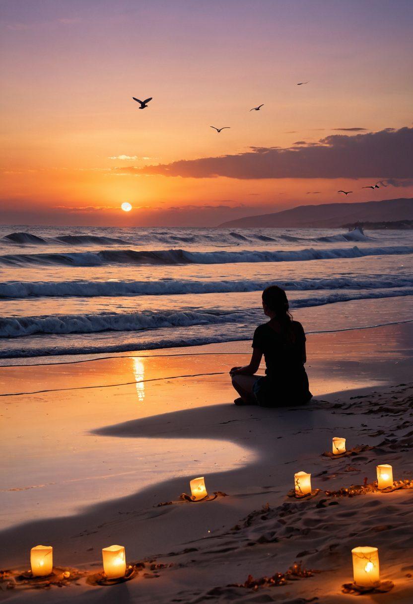 A serene beach scene at sunset, where gentle waves lap at the shore, blending with subtle images of healing symbols like doves and flowers scattered in the sand. In the foreground, a silhouette of a person sitting contemplatively, gazing towards the horizon while surrounded by soft glowing lanterns that symbolize hope. The atmosphere should evoke feelings of peace and deep reflection. vibrant colors. soft focus. painting.